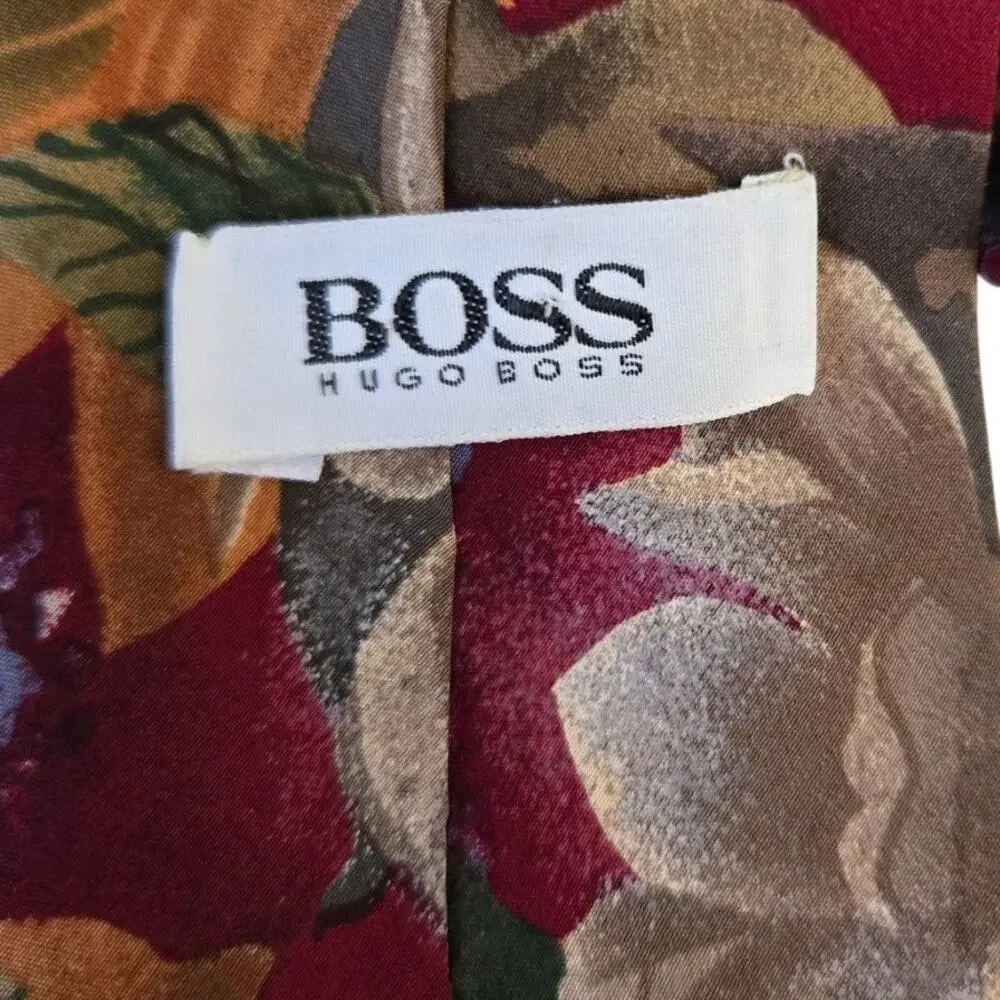 Vintage Hugo Boss 100% Silk Floral Botanical Necktie Fall Colors Made in Italy